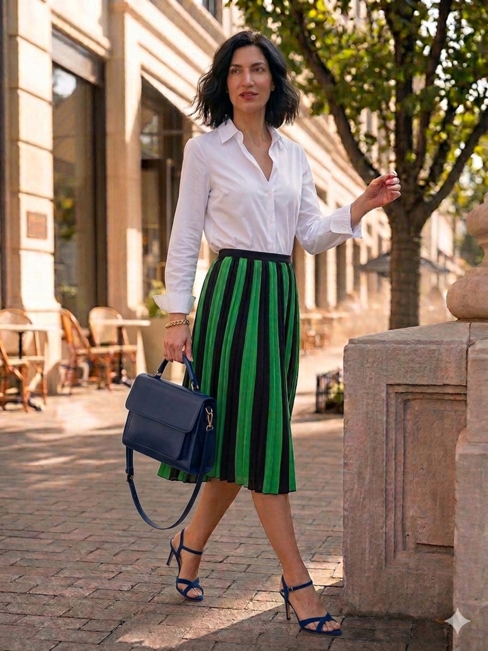 Women's Green & Navy Striped Pleated Skirt